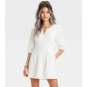 A New Day Dress Womens 10 White Linen Blend Puff Sleeve Pleated Fit Flare Mini V